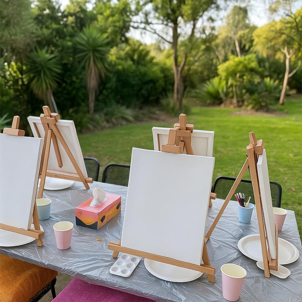 Participants enjoying a relaxed Brush & Buzz painting workshop, creating art together in a mindful and social setting.